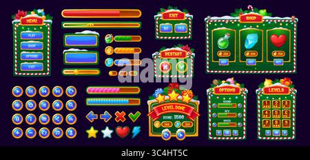 Risorse barra e pulsanti del pannello dei menu dell'interfaccia del gioco natalizio. Elementi dell'interfaccia utente Vector festive, icone, cursori e tabelloni per i videogiochi di Natale, adornati Illustrazione Vettoriale