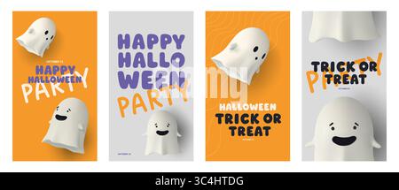 Set di poster di Halloween con fantasmi 3D sorridenti, Fun Trick or Treat and Party text. Design luminoso e festivo, perfetto per inviti e striscioni stagionali Illustrazione Vettoriale