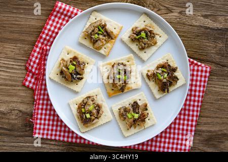 Vista dall'alto di un piatto di croccanti cracker quadrati, ciascuno ricoperto di sardine e una spolverata di cipolle verdi tritate, disposti ad arte su un piatto bianco. Foto Stock