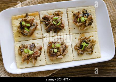 Vista ravvicinata di un piatto di croccanti cracker quadrati, ciascuno ricoperto di sardine e una spolverata di cipolle verdi tritate. Foto Stock