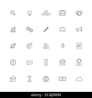 Set di icone della linea Business and Finance. Set di icone Web di avvio e sviluppo in linea. Illustrazione vettoriale Illustrazione Vettoriale