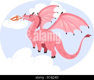Drago volante con le ali e fuoco dalla bocca nel cielo con le nuvole. Leggendario mostro folcloristico. Volo mitologico di lucertola. Creatura mitica dei cartoni animati. Fa Illustrazione Vettoriale