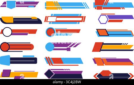 Design dei banner TV. Strisce vuote dei canali video. Visualizzazione inferiore delle ultime notizie. Interfaccia di streaming. Sovrapposizione di articoli per trasmissioni televisive. Mezzi di comunicazione h Illustrazione Vettoriale