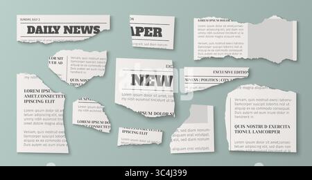 Frammenti di giornali strappati: Titoli giornalieri, sezioni in edizione esclusiva, articoli di politica aziendale con bordi strappati. Rottami di carta vintage per collage di supporti, giornalismo e layout retrò. Illustrazione Vettoriale