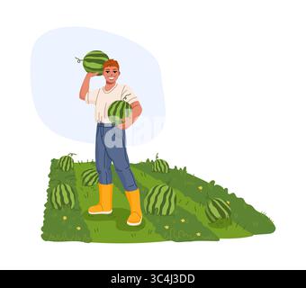 Contadino e giardiniere allegro personaggio si trova in un campo di anguria con due meloni maturi, con stivali gialli e una camicia bianca che simboleggia l'summe Illustrazione Vettoriale