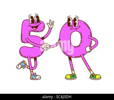 Numeri matematici, personaggi dei cartoni animati con volti divertenti, emoji matematiche vettoriali. Groovy numero 5 cinque e 0Zero o 50 cinquanta numeri, felice sorriso Illustrazione Vettoriale