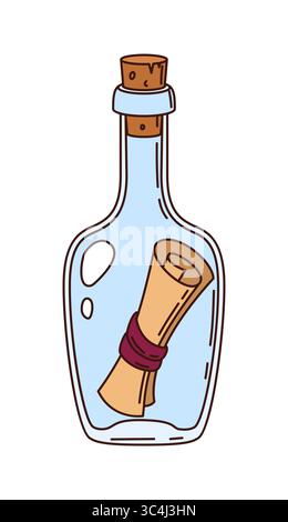 Bottiglia in vetro cartoni animati con lettera, oggetto pirata retrò, vaso di corsario lanciato dal mare, che trasmette un messaggio misterioso. Flacone vettoriale isolato Illustrazione Vettoriale