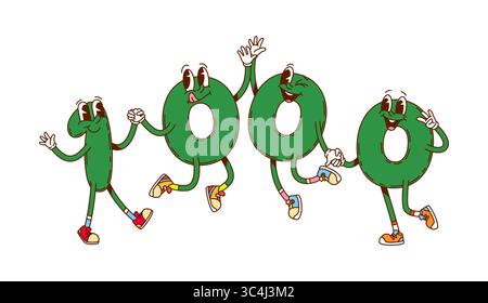 Numeri gozzi e personaggi matematici dei cartoni animati con volti divertenti, emoji matematiche vettoriali. Groovy numero mille di 1 uno con 0 Zero numeri, happy smi Illustrazione Vettoriale