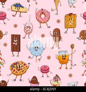I dolci e i dessert retrò sono caratterizzati da un motivo senza cuciture. Sfondo con piastrelle vettoriali con divertenti ciambelle y2k, waffle, barrette di cioccolato, gelato, cupcak Illustrazione Vettoriale