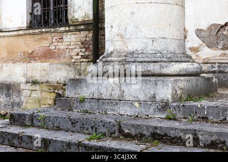 Base di colonne in pietra intemprata circondata da scalini in pietra incrinati e invecchiati, che evidenziano l'architettura storica e il decadimento senza tempo in toni tenui per un Foto Stock