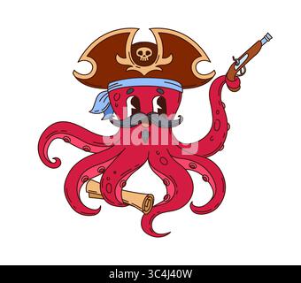 Cartoni animati polpo pirata personaggio animale. Vettoriale isolato divertente personaggio kraken capitano brandizzante pistola e tenendo la mappa nel suo tentacolo, Illustrazione Vettoriale