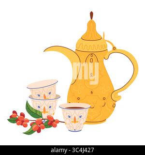 Tradizionale caffettiera araba Dallah, ramo di caffè e tazze con ornamento. Simbolo dell'ospitalità mediorientale. Antico vaso di rame comune in Yemen, Oman, Qatar. Illustrazione vettoriale in stile piatto. Illustrazione Vettoriale