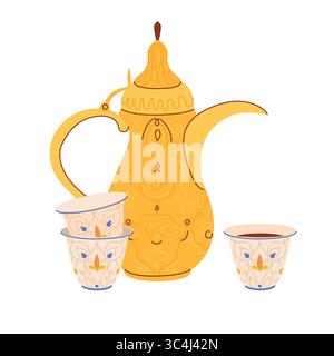 Tradizionale caffettiera araba Dallah e tazze con ornamento. Simbolo dell'ospitalità mediorientale. Antico vaso di rame comune in Yemen, Oman, Qatar. Illustrazione vettoriale per la caffetteria in stile piatto. Illustrazione Vettoriale