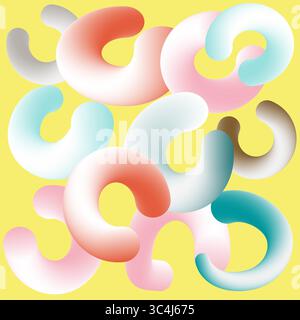 Anelli 3D colorati astratti su sfondo giallo in un moderno stile a gradiente fluido Illustrazione Vettoriale