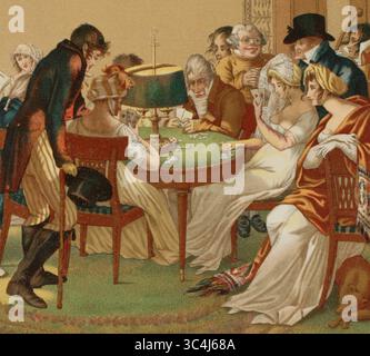 La Bouillotte, 1798. Gioco di carte d'azzardo francese del XVIII secolo, basato su Brelan, un gioco molto popolare in Francia durante il XIX secolo. Illustrazione dopo Jean Francois Bosio (1764-1827). Litografia di Gaulard. Cromolitografia. Dettagli. Directoire, Consolato et Empire. Moeurs et usages, lettres, Sciences et Arts Francia, 1795-1815' (Direttorio, Consolato e Impero di Francia. Costumi e tradizioni, lettere, scienze e arti Francia, 1795-1815), di Paul Lacroix. Pubblicato a Parigi, 1884. Foto Stock