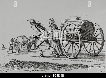 Portatore d'acqua francese della fine del XVIII secolo. Incisione di Huyot dopo Jean Duplessis-Bertaux (1750-1818). Directoire, Consolato et Empire. Moeurs et usages, lettres, Sciences et Arts Francia, 1795-1815' (Direttorio, Consolato e Impero di Francia. Costumi e tradizioni, lettere, scienze e arti Francia, 1795-1815), di Paul Lacroix. Pubblicato a Parigi, 1884. Foto Stock