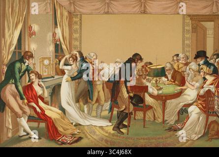 La Bouillotte, 1798. Gioco di carte d'azzardo francese del XVIII secolo, basato su Brelan, un gioco molto popolare in Francia durante il XIX secolo. Illustrazione dopo Jean Francois Bosio (1764-1827). Litografia di Gaulard. Cromolitografia. Directoire, Consolato et Empire. Moeurs et usages, lettres, Sciences et Arts Francia, 1795-1815' (Direttorio, Consolato e Impero di Francia. Costumi e tradizioni, lettere, scienze e arti Francia, 1795-1815), di Paul Lacroix. Pubblicato a Parigi, 1884. Foto Stock