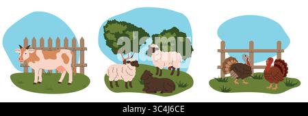 Illustrazione piatta di animali da fattoria in scene erbose separate con sfondi blu del cielo. Include una mucca, una pecora con un ariete e due tacchini. Semplice Illustrazione Vettoriale
