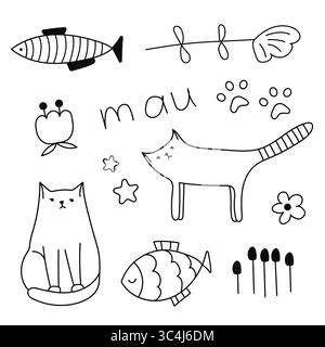 Set di elementi carini con gatto, pesce, fiori. Illustrazione Vettoriale