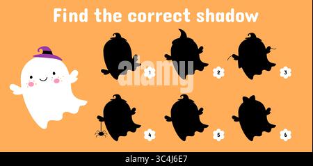 Buffi fantasmi i bambini giocano. Trova l'ombra corretta delle silhouette fantasma. Cartoni animati halloween personaggi spaventosi. Modello vettoriale educativo per bambini Illustrazione Vettoriale