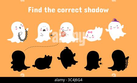 Trova l'ombra fantasma corretta. Gioco educativo per bambini con divertenti fantasmi cartoni animati. Halloween gioca con simpatiche mascotte infantili, modello vettoriale Illustrazione Vettoriale