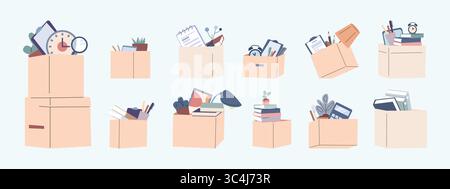 Scatole di carta rotazioni diverse con le cose. Accessori per l'ufficio o la casa, cartelle con documenti, libri. Studente o lavoratore in movimento, gruppo vettoriale Illustrazione Vettoriale