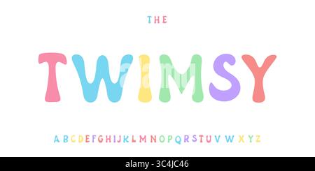 Allegro alfabeto color pastello, graziose lettere arrotondate boho, allegro carattere cartoni animati per bambini, titolo scolastico, gioioso Illustrazione Vettoriale