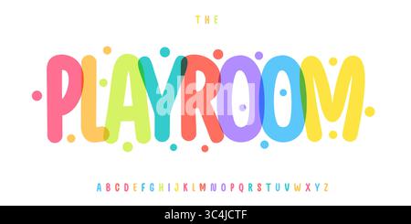 Alfabeto colorato e arrotondato, allegro carattere cartoni animati, audace e morbido carattere per il logo della zona dei bambini della sala giochi, titolo del compleanno dei bambini, tipografia del festival del carnevale Illustrazione Vettoriale