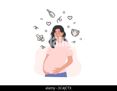 Felice donna incinta che si prepara per il bambino con eccitazione. Articoli essenziali per il neonato. Baby Registry shopping. Illustrazione vettoriale di tipo piatto isolata su Illustrazione Vettoriale