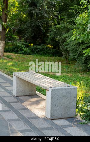Una moderna panchina del parco con spranghe in legno e supporti in cemento si trova su una passerella pavimentata circondata da vegetazione lussureggiante Foto Stock