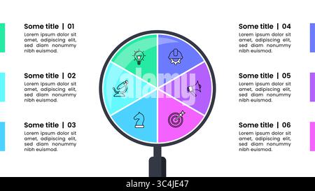 Modello infografico con icone e 6 opzioni o passaggi. Lente d'ingrandimento. Può essere utilizzato per layout del flusso di lavoro, diagrammi, banner, webdesign. Illustrazione vettoriale Illustrazione Vettoriale