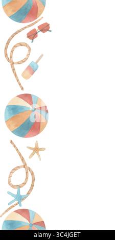 Motivo senza cuciture. illustrazione estiva ad acquerello verticale in stile marino con palla, gelato, occhiali da sole, corde, stelle marine e. Disegnato a mano Foto Stock