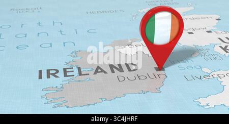 Irlanda, Dublino - spilla con bandiera nazionale sulla mappa politica - illustrazione 3D. Foto Stock