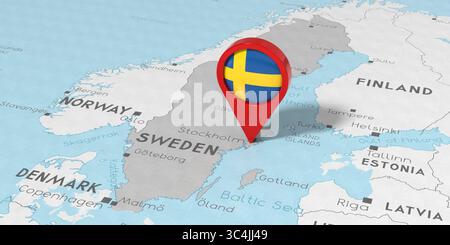 Svezia, Stoccolma - spilla con bandiera nazionale sulla mappa politica - illustrazione 3D. Foto Stock