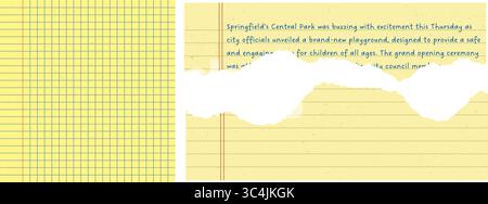 Set di elementi di carta strappati di colore giallo con linee, celle e bordi strappati ruvidi. Ideale per collage, scrapbooking digitale e progetti creativi Illustrazione Vettoriale