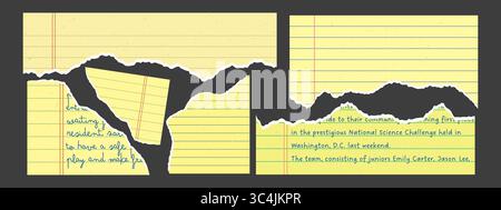 Carta strappata gialla con bordi strappati, foglio per notebook. Elementi in carta con rivestimento giallo per collage e design. Stile grunge retrò. Illustrazione Vettoriale