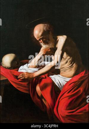 Michelangelo Merisi da Caravaggio, meditazione San Girolamo, pittura ad olio su tela, 1605 Foto Stock