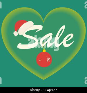 Saldi testo con cappello di Babbo Natale e palle con segno di percentuale sul modello a forma di cuore chiaro. Illustrazione vettore isolato biglietti promozionali per le festività natalizie, aggiunte, banner, opuscoli, cartellino prezzi Illustrazione Vettoriale