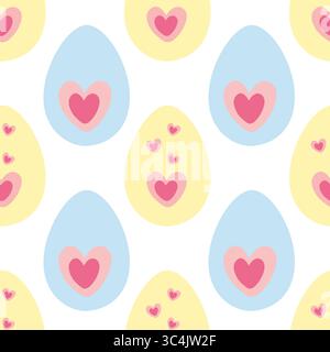 Uova di Pasqua disegnate a mano con decorazione a cuori sfondo pasquale senza cuciture o idea di sfondo. Illustrazione vettoriale isolata carte tematiche di Pasqua sfondo inviti o banner promozionali, volantini, etichette Illustrazione Vettoriale