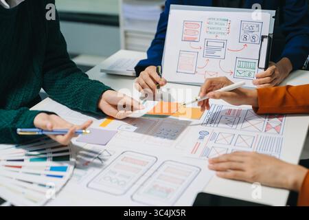 Vista ravvicinata del team di sviluppatori dell'interfaccia utente che ha avviato un brainstorming sul proprio progetto con laptop, smartphone e tablet digitale. Agenzia di sviluppo digitale creativo. Foto Stock