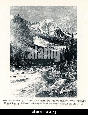 Incisione vittoriana d'epoca, piatto di libri delle Grandes Jorasses e del torrente Doire, Val Ferret, incisione di Edward Whymper di Scambles Among the Alps, 1871. REGNO UNITO Foto Stock