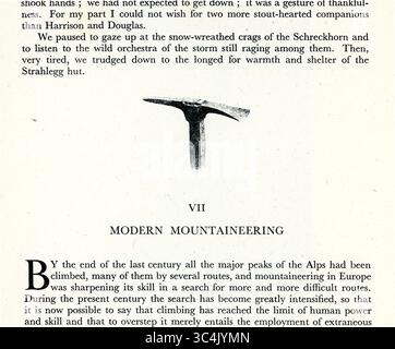 Incisione vittoriana d'epoca di un'ascia di ghiaccio di Edward Whymper, un piatto di libri, da Scambles Among the Alps, 1871. REGNO UNITO Foto Stock