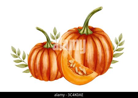 Due zucche, una fetta di zucca con semi e foglie autunnali disposte in una composizione stagionale, dipinte in morbido stile acquerello Foto Stock