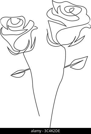 Rosa da giardino con foglie a una linea continua. Schizzo disegnato a mano. Illustrazione vettoriale. Illustrazione Vettoriale