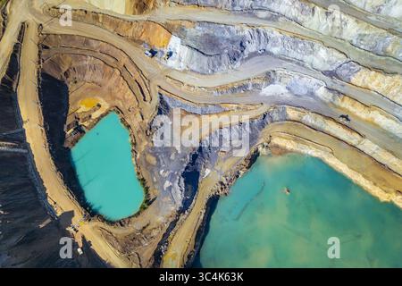 Vista aerea delle terrazze a strati della miniera di Erzberg in contrasto con le acque turchesi, a testimonianza dell'ambizione industriale, Eisenerz, Stiria, Austria. Foto Stock