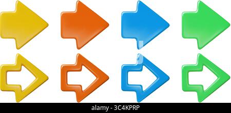 Set di icone delle frecce 3D. Indicatori di forma e colore diversi isolati su sfondo bianco Illustrazione Vettoriale