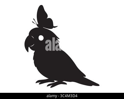 Silhouette nera di pappagallo con farfalla sulla testa isolata su sfondo bianco. concetto di uccello, animale tropicale, animale carino, icona della natura, wildli esotico Illustrazione Vettoriale