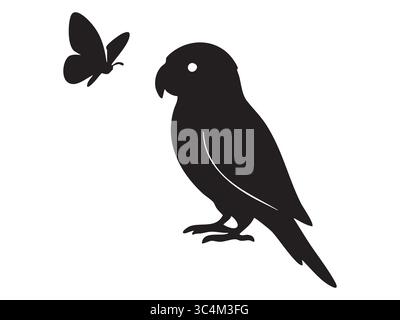 Silhouette nera del pappagallo con farfalla, isolata su sfondo bianco, illustrazione grafica. concetto di uccelli, natura, fauna selvatica, animali esotici, tropi Illustrazione Vettoriale