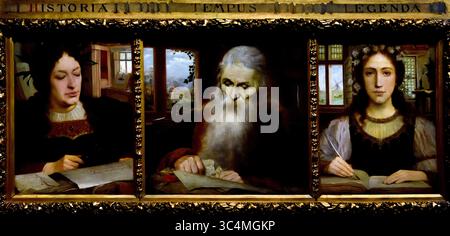 Historia - Tempus - Legenda 1897 XIX secolo di Edmond Van Hove Groeningemuseum, museo municipale, Bruges, Belgio, fiamminghi, ( le figure umane rappresentano "storia", "tempo" e "leggenda". La "storia" è raffigurata come una donna robusta e lodata che decifra un testo pergamena con una lente d'ingrandimento. "Il tempo" è incarnato da un vecchio che strappa una carta. Dietro di lui, le devastazioni del tempo e l'inevitabile oblio sono simboleggiate da una clessidra e da un topo che rovini un libro. Attraverso la finestra, vediamo Bruges' Ezelpoort (porta d'asino) ablazzare. Foto Stock