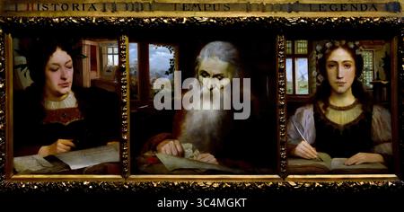 Historia - Tempus - Legenda 1897 XIX secolo di Edmond Van Hove Groeningemuseum, museo municipale, Bruges, Belgio, fiamminghi, ( le figure umane rappresentano "storia", "tempo" e "leggenda". La "storia" è raffigurata come una donna robusta e lodata che decifra un testo pergamena con una lente d'ingrandimento. "Il tempo" è incarnato da un vecchio che strappa una carta. Dietro di lui, le devastazioni del tempo e l'inevitabile oblio sono simboleggiate da una clessidra e da un topo che rovini un libro. Attraverso la finestra, vediamo Bruges' Ezelpoort (porta d'asino) ablazzare. Foto Stock